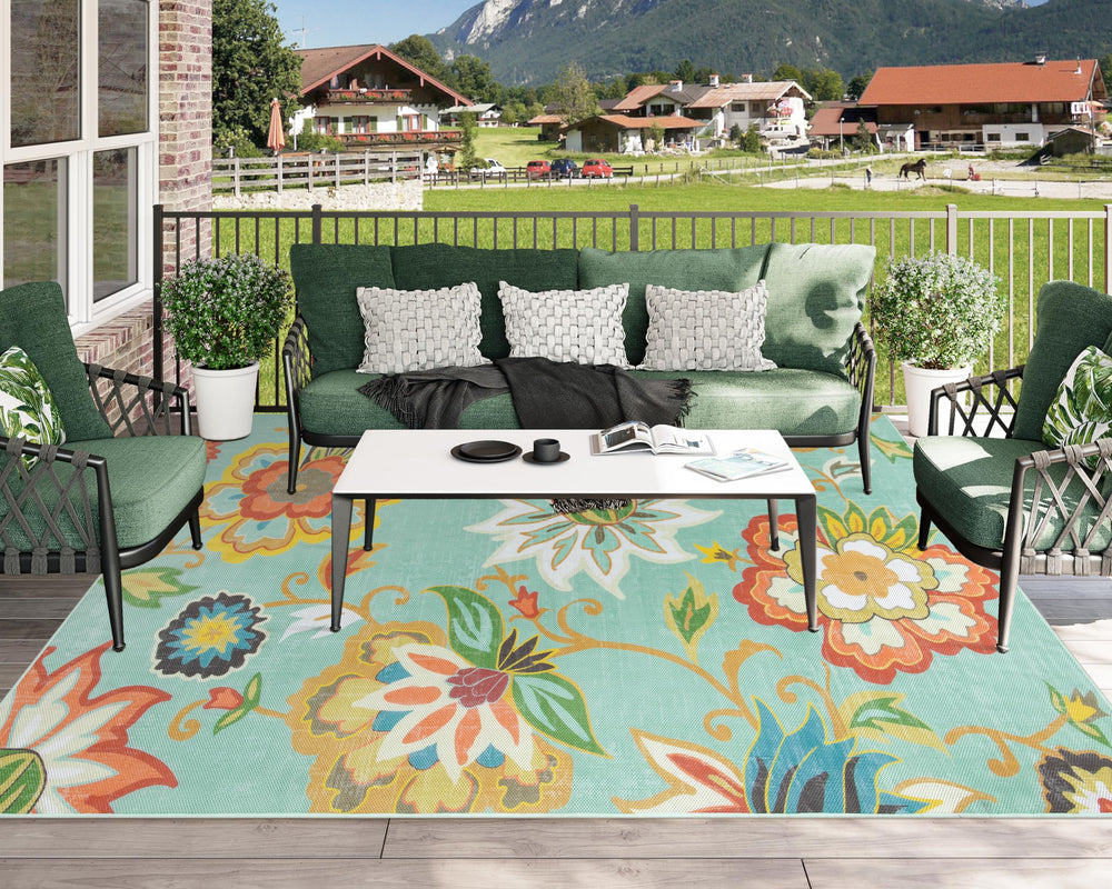 Lahome floral rug on patio in use providing stylish outdoor living