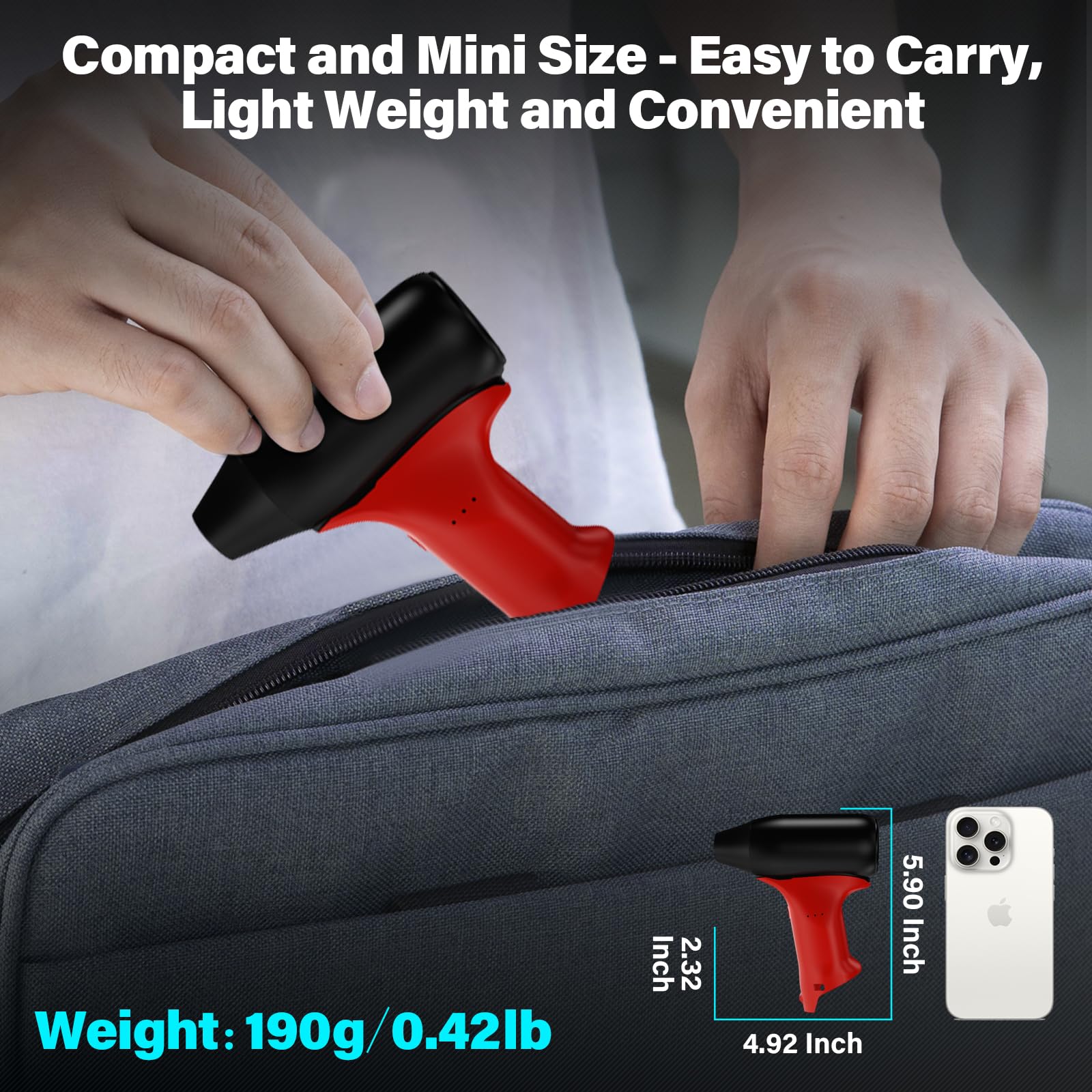 Laimiao blower held in hand demonstrating compact size and easy one-handed control benefit