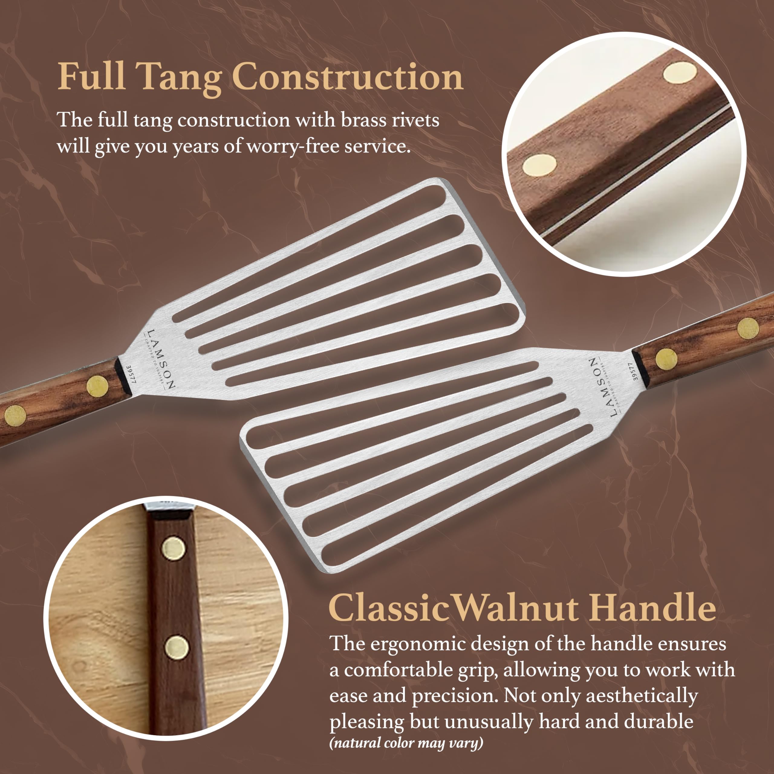 Lamson spatula hanging on pegboard for tidy, accessible storage