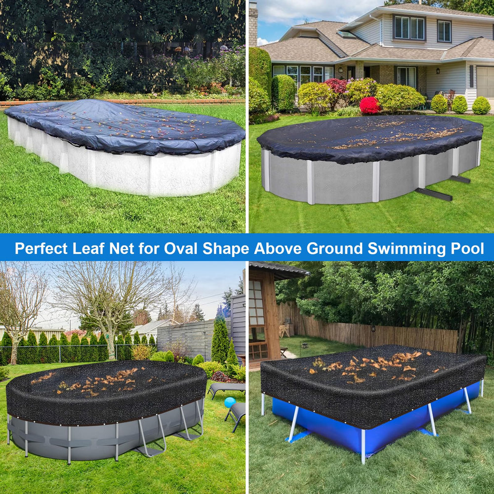 Lanathel net installed on oval pool preventing debris while allowing drainage