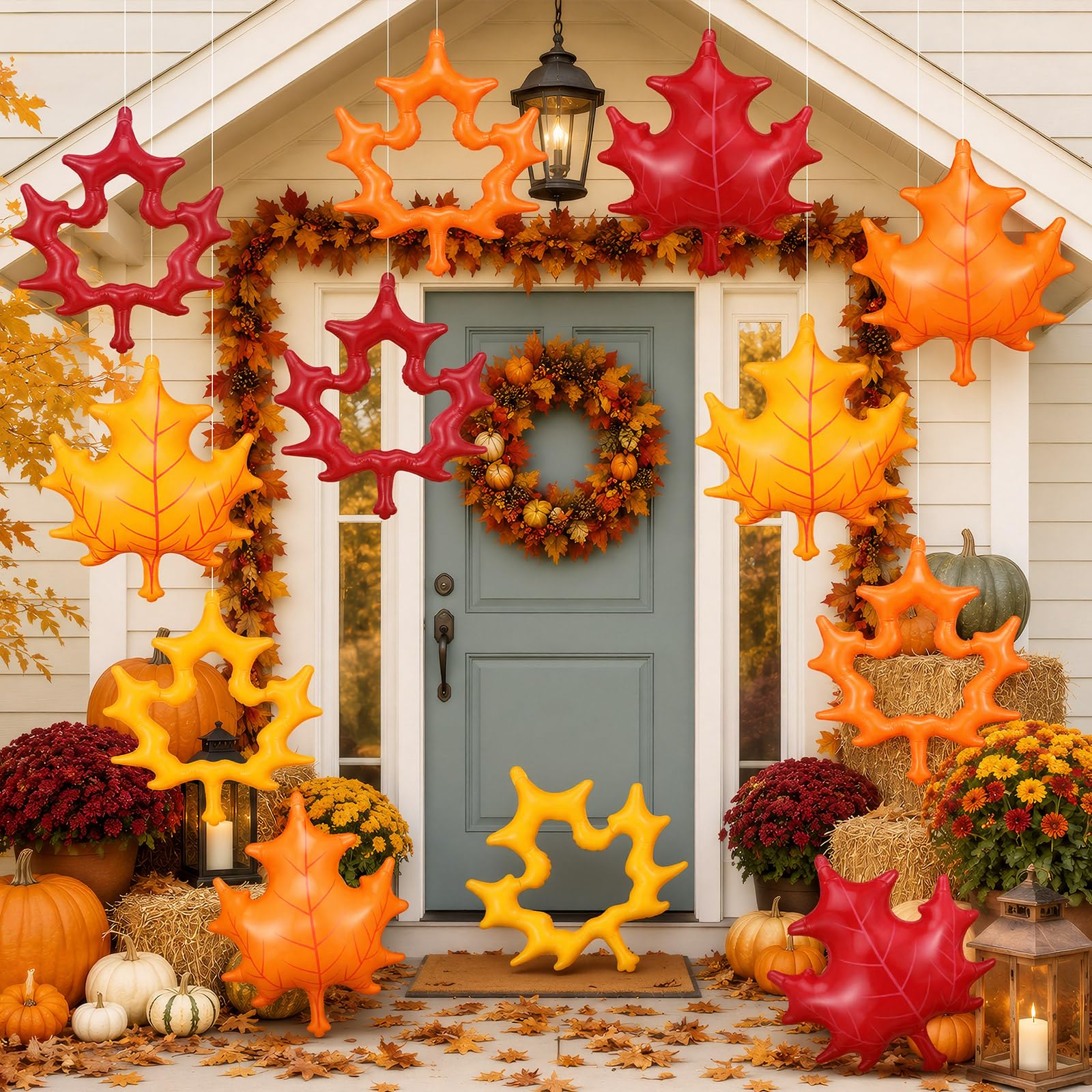 LaRandom front view of packaged 12-piece fall inflatable leaves showing variety and ease