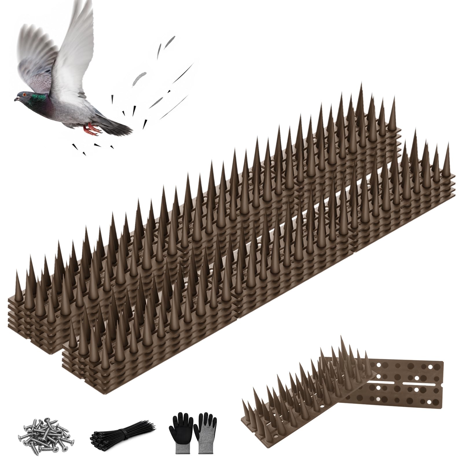 LavviTech front view of nine brown bird spike strips showing full kit benefit