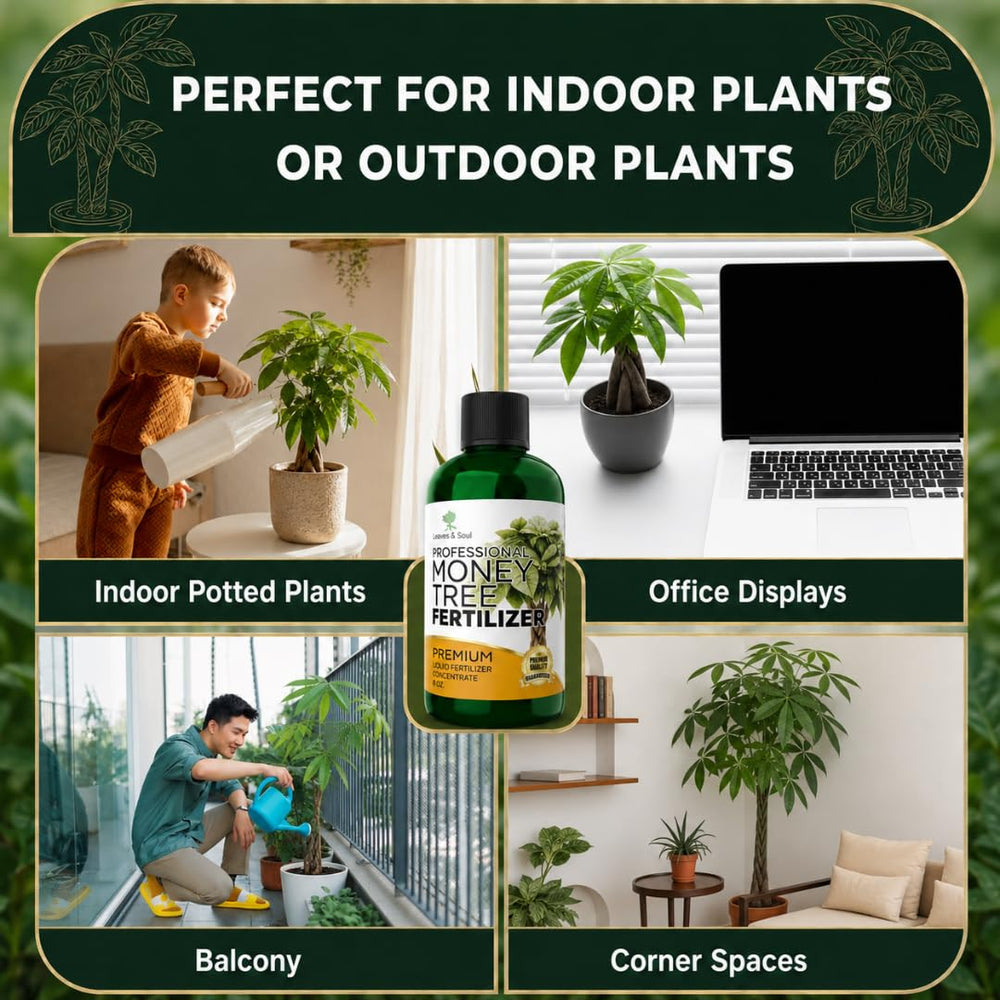 Leaves and Soul bottle beside a potted money tree conveying compatible use