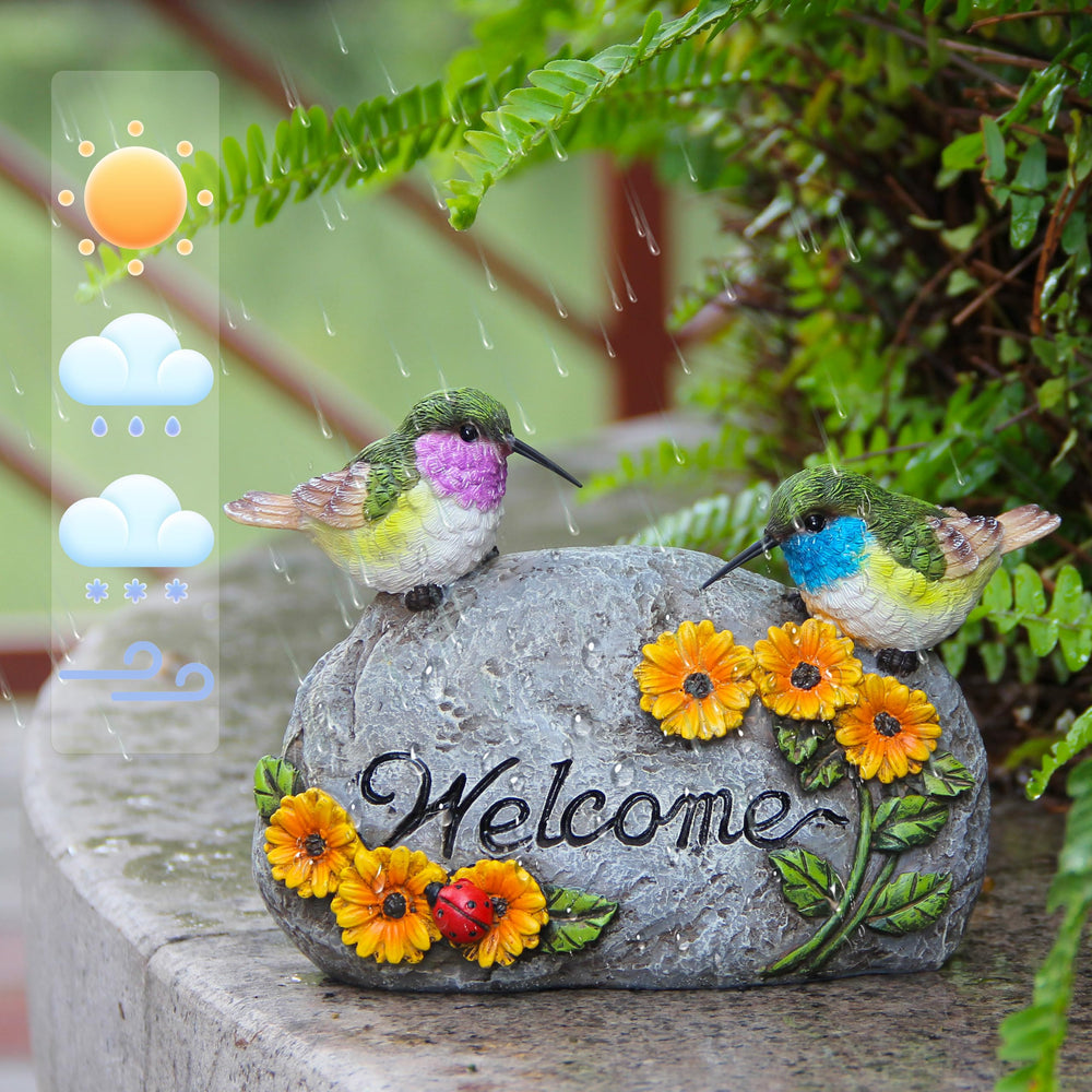 Leekung hummingbird stone base close-up showing carved "welcome" benefit: clear friendly message