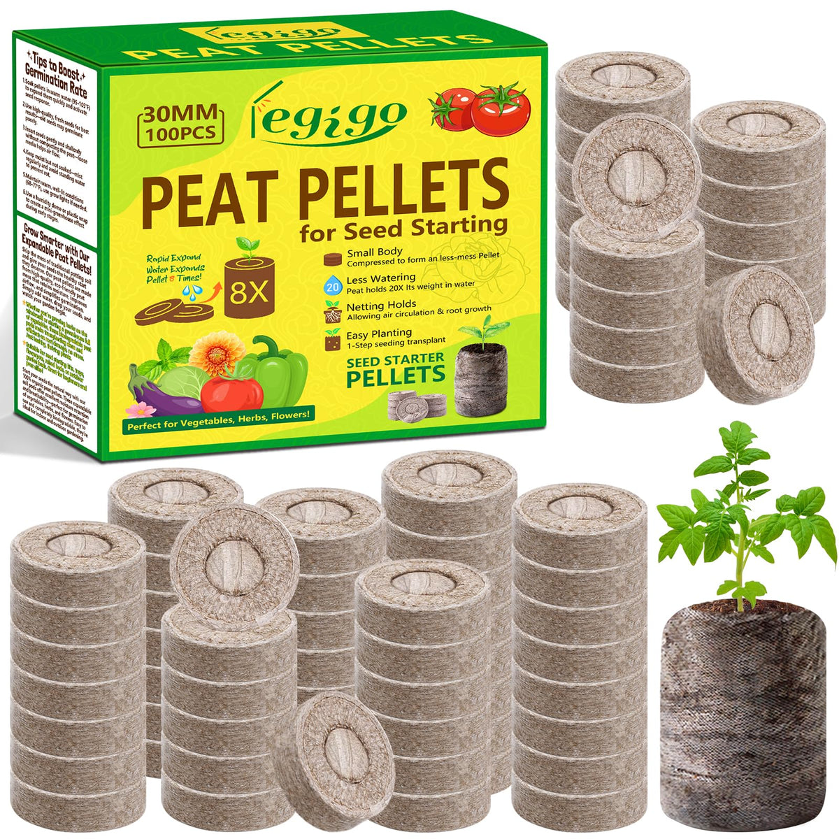 Legigo front packaging showing 100 peat pellets and clear instructions benefit convenience