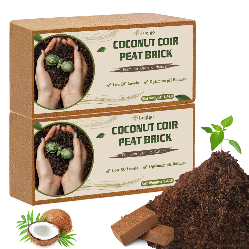 Legigo front packaging showing two coco coir bricks and product benefits