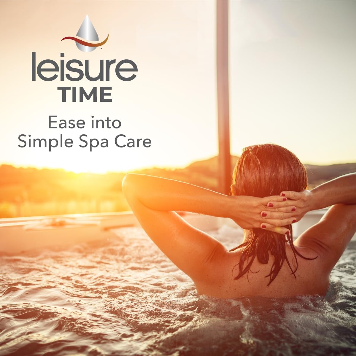 LEISURE TIME container beside a clear spa illustrating improved water clarity benefit