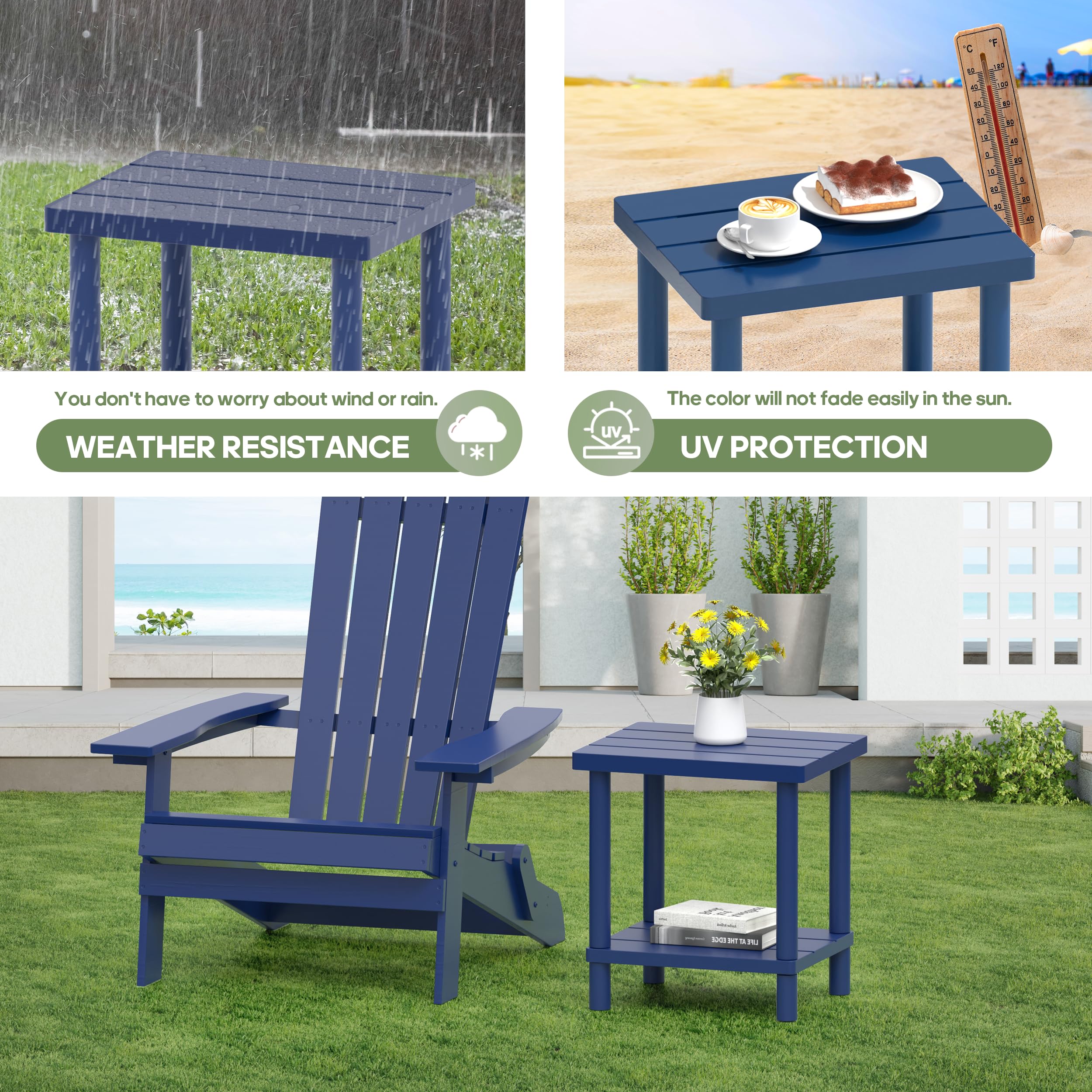 LEJANEOYE side table beside Adirondack chair showing proper scale and outdoor pairing