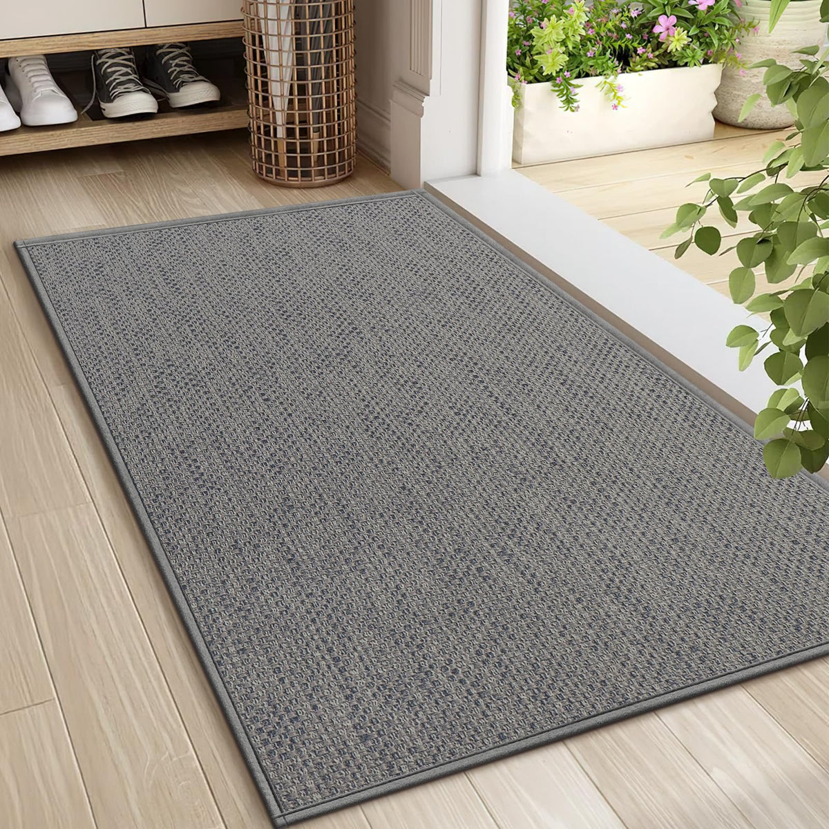 LEKEEPGO front view of light grey doormat showing full coverage and clean look