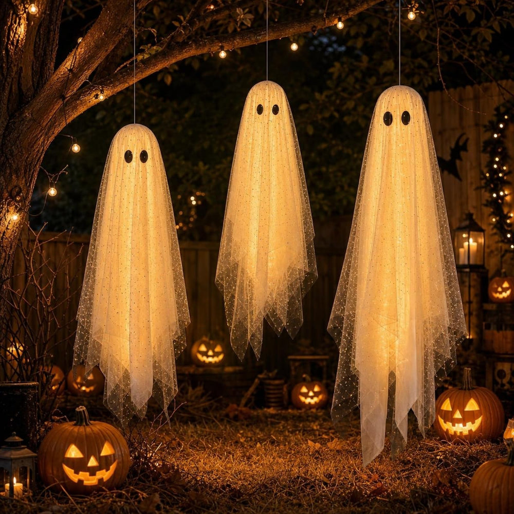 Lerphado front view of three hanging ghosts creating glowing Halloween mood