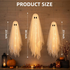Lerphado porch display with ghosts delivering welcoming spooky ambiance