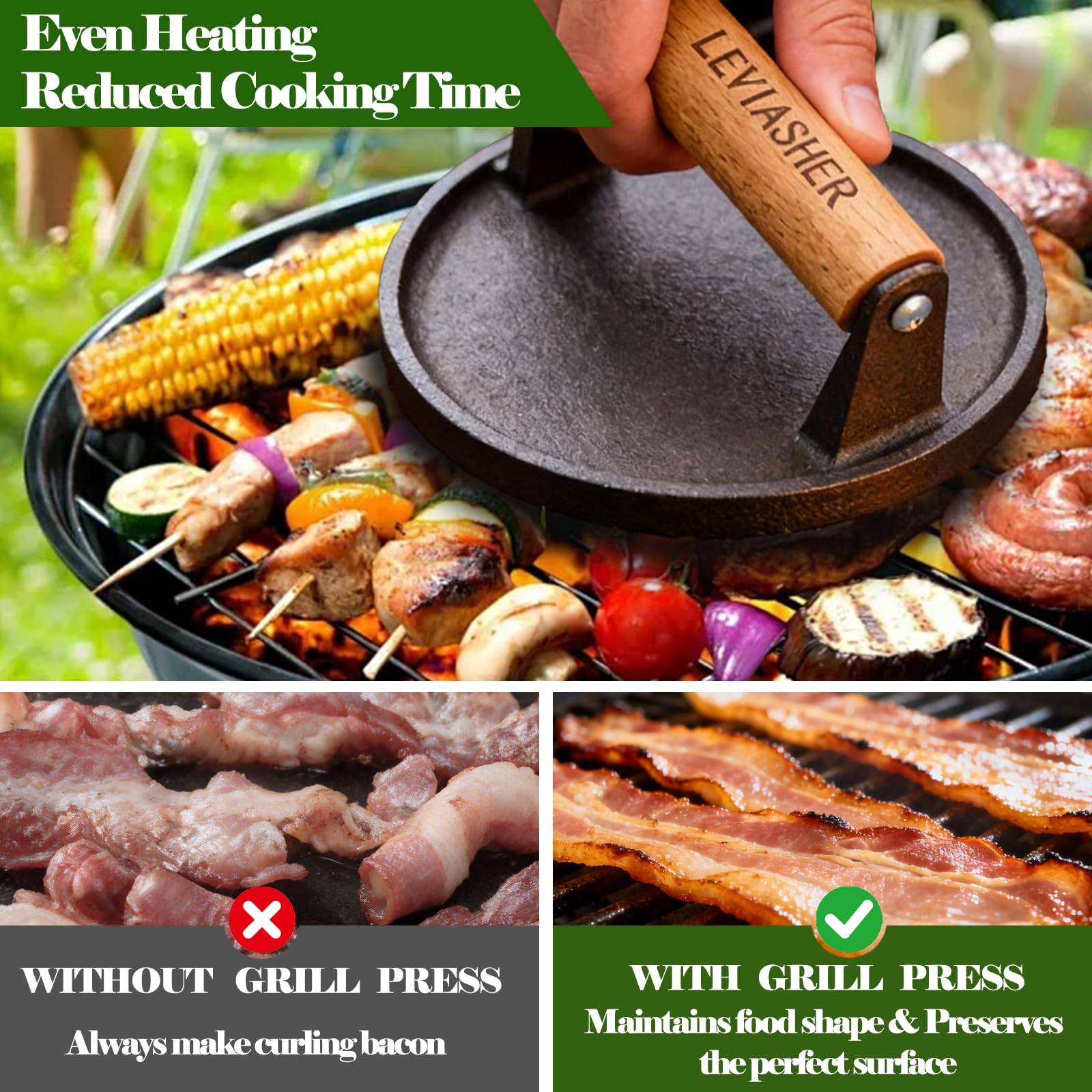 LEVIASHER round press pressing burger patty for even thickness and consistent browning