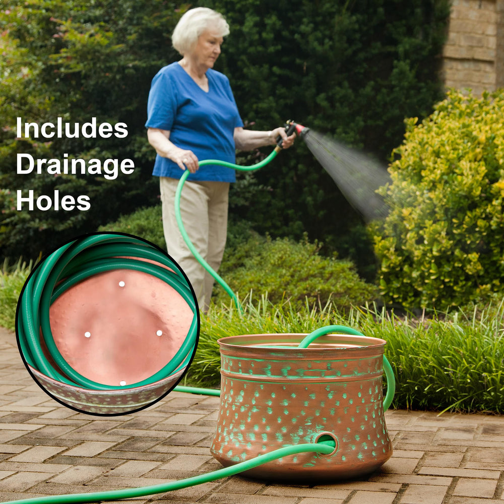Liberty Garden pot with coiled hose illustrating tidy storage capacity