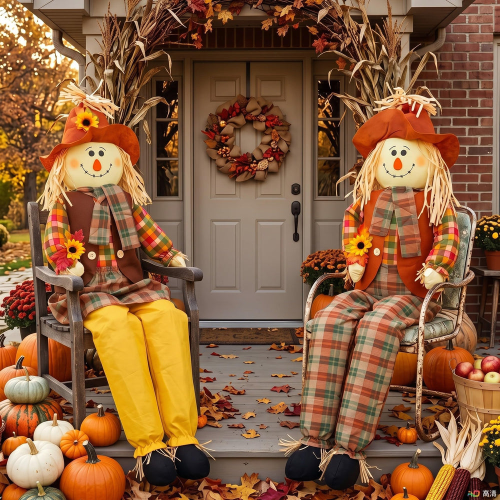 Libima scarecrow front view showing friendly face and fall colors