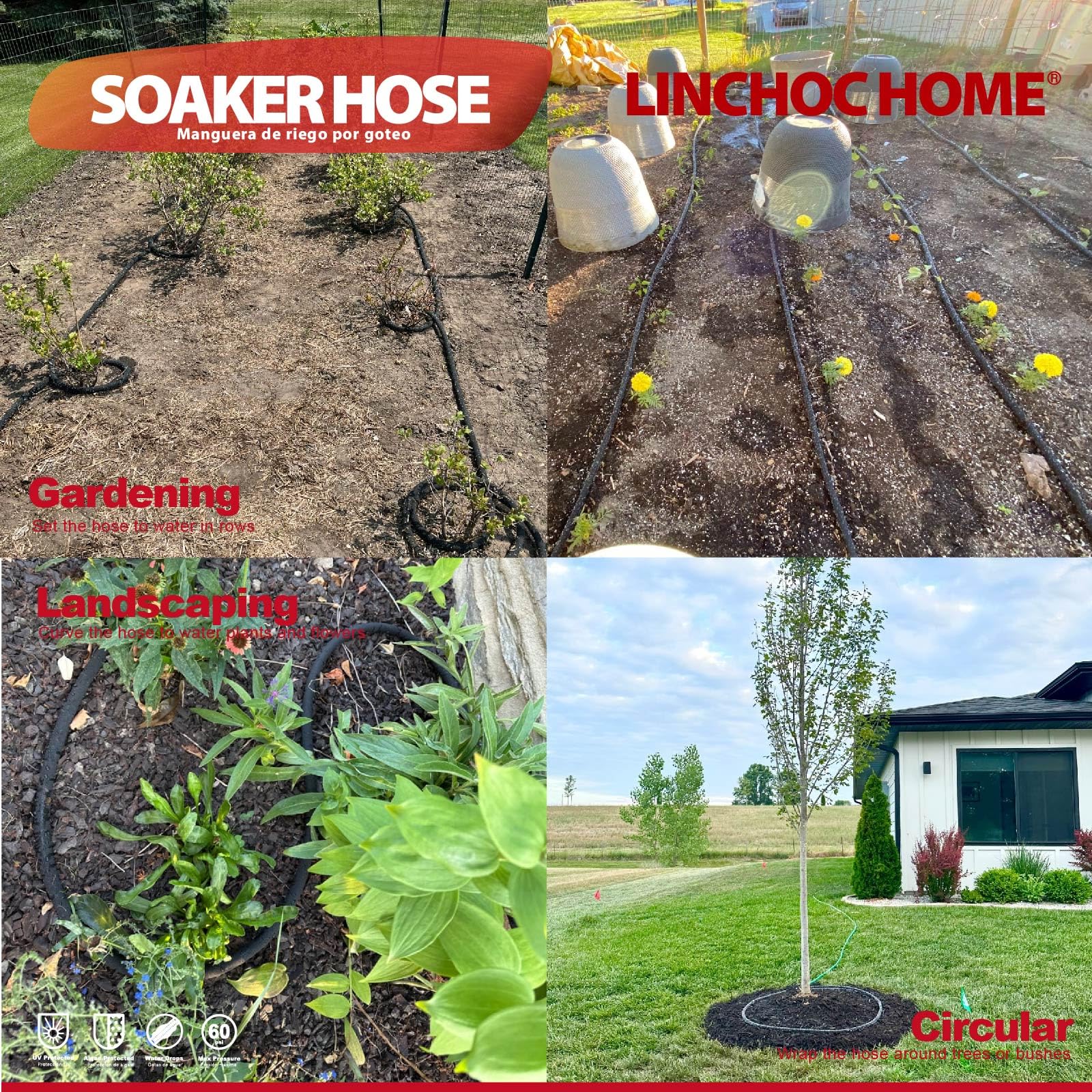 LINCHOC HOME soaker hose installed in a vegetable bed delivering targeted moisture