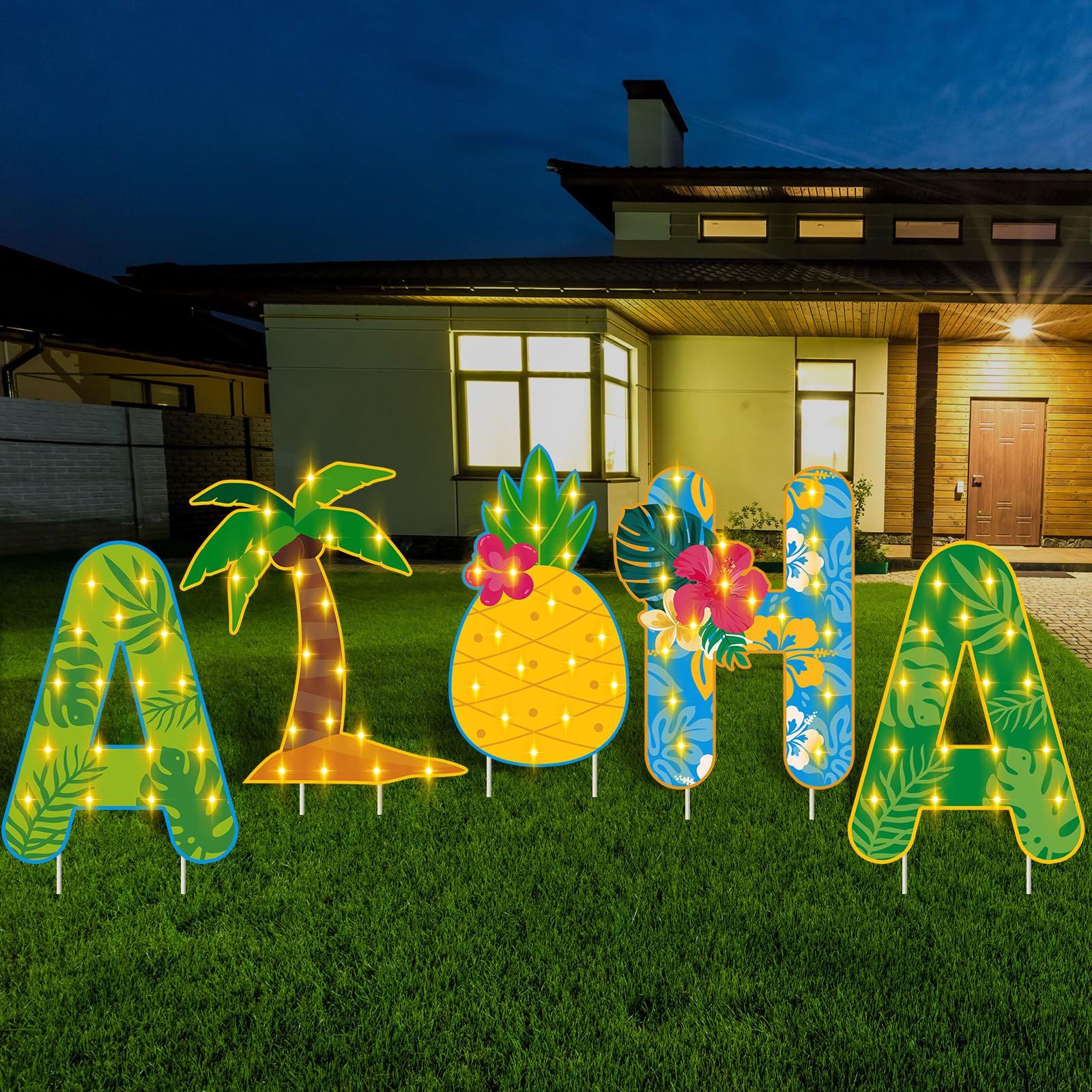 Lineshading five Aloha yard signs front display adding instant tropical curb appeal