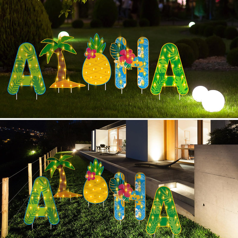 Lineshading luau backyard party showing signs guiding guests and photos