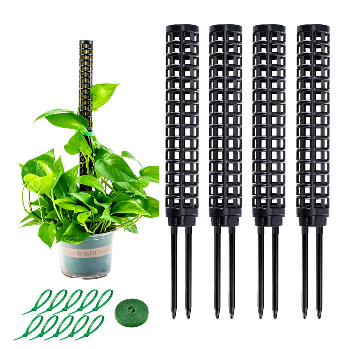 LINGQIYIQI front packaging showing sturdy stackable moss poles and benefits