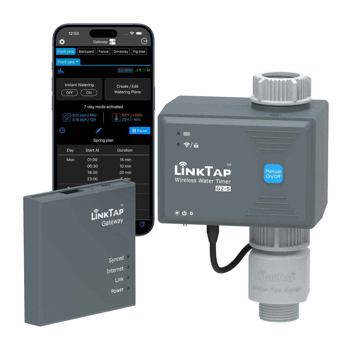 LinkTap G2S front view showing timer and gateway, reliable remote watering