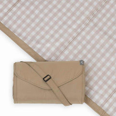 Little Unicorn blanket front view showing beige buffalo check, practical for family outings