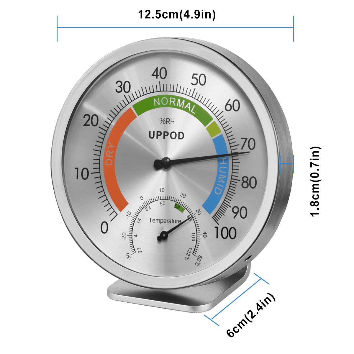 LittleGood closeup of colorful dial and needle for quick humidity checks