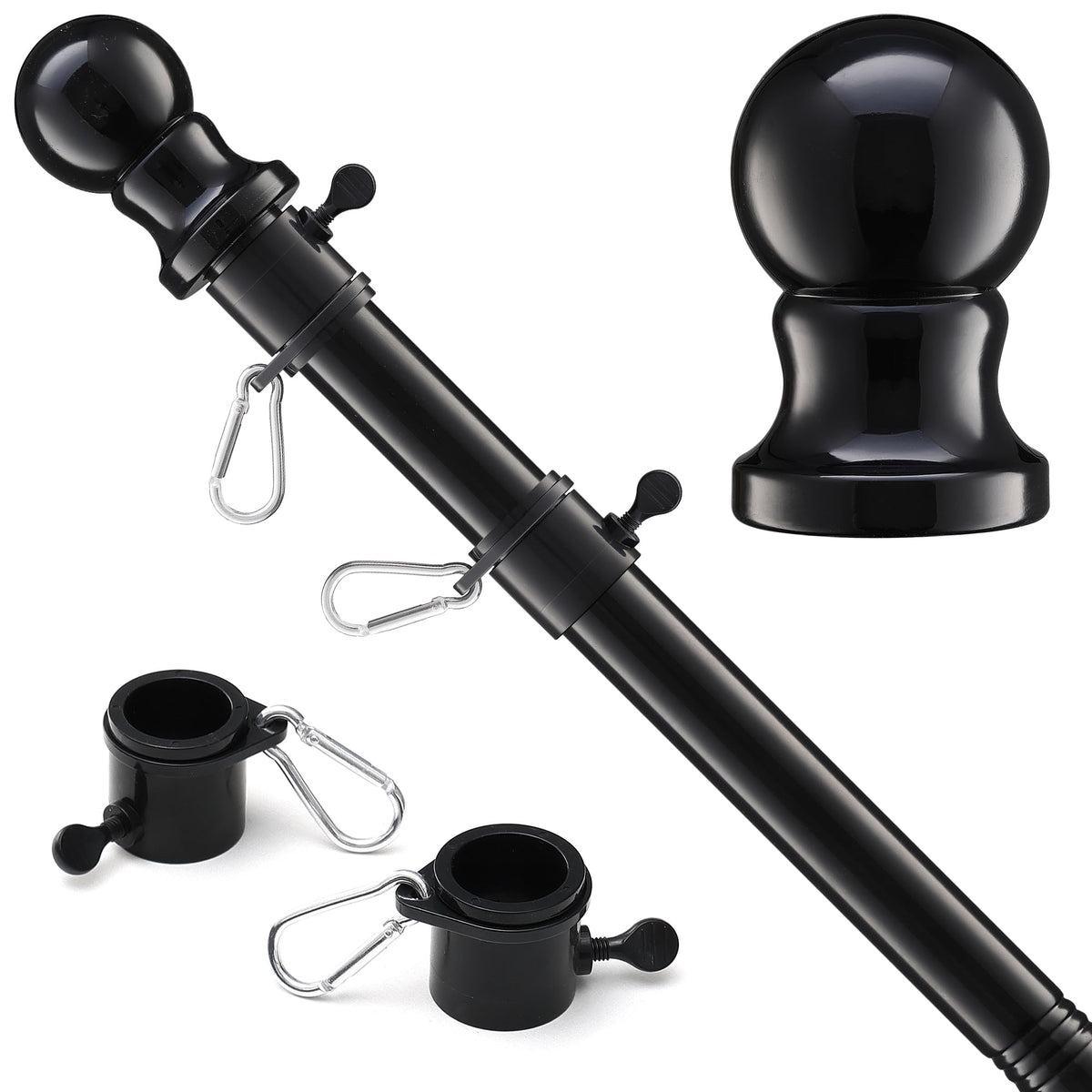 LLARGUEST black flag pole front view showing compact sturdy design