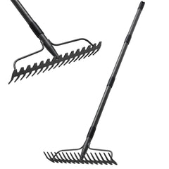 LLARGUEST bow rake front view showing full 17-prong head and long handle for efficient clearing