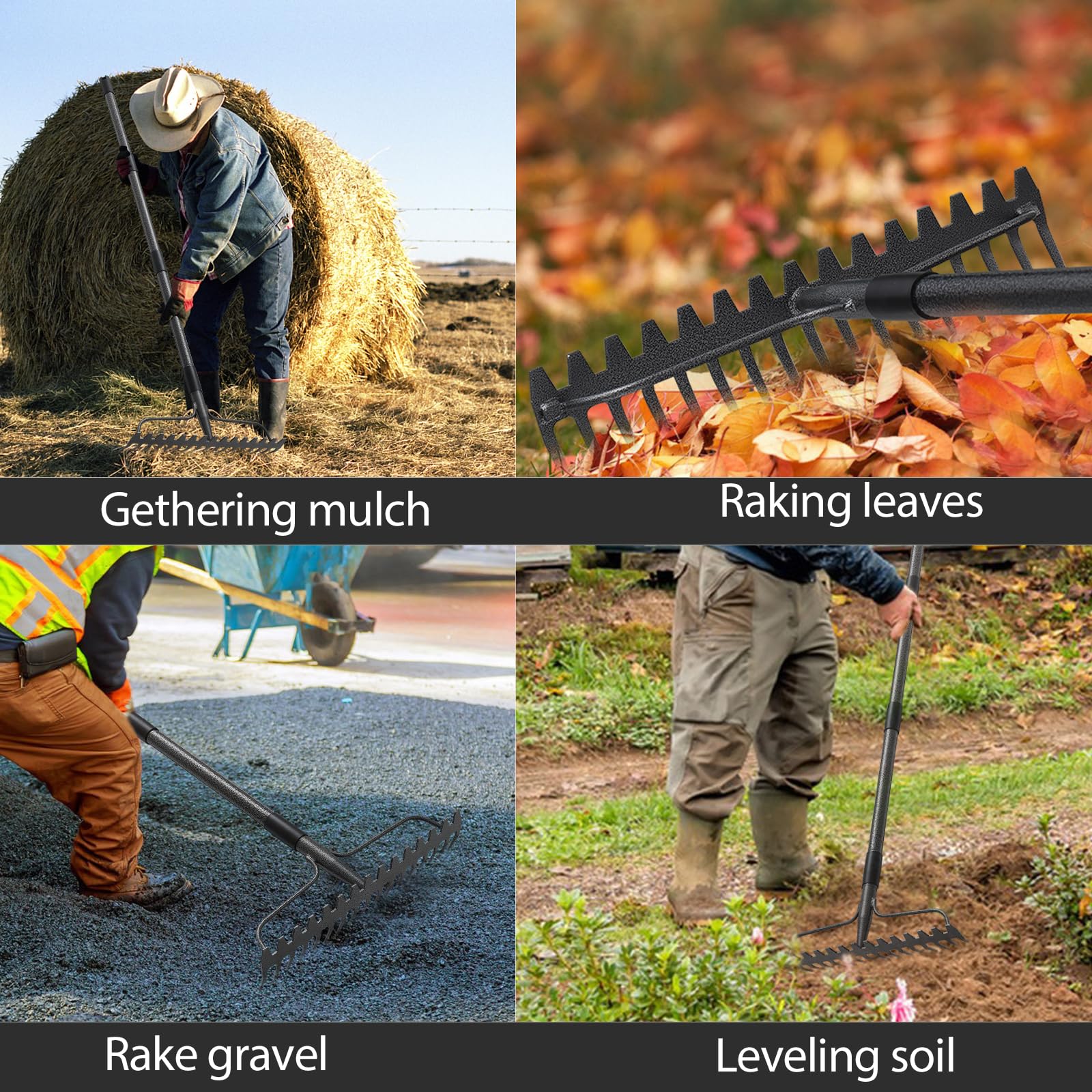 LLARGUEST rake next to a shoe to show 63-inch length and proper reach for reduced bending