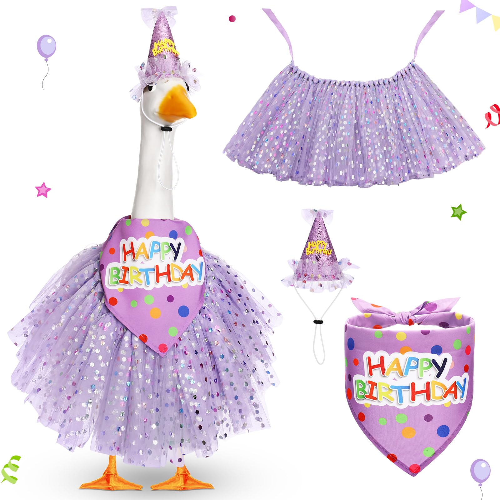 Locmeo front view of full purple birthday goose outfit showing hat tutu bandana benefit