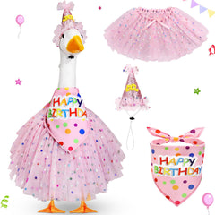 Locmeo goose front view showing full birthday outfit and festive curb appeal