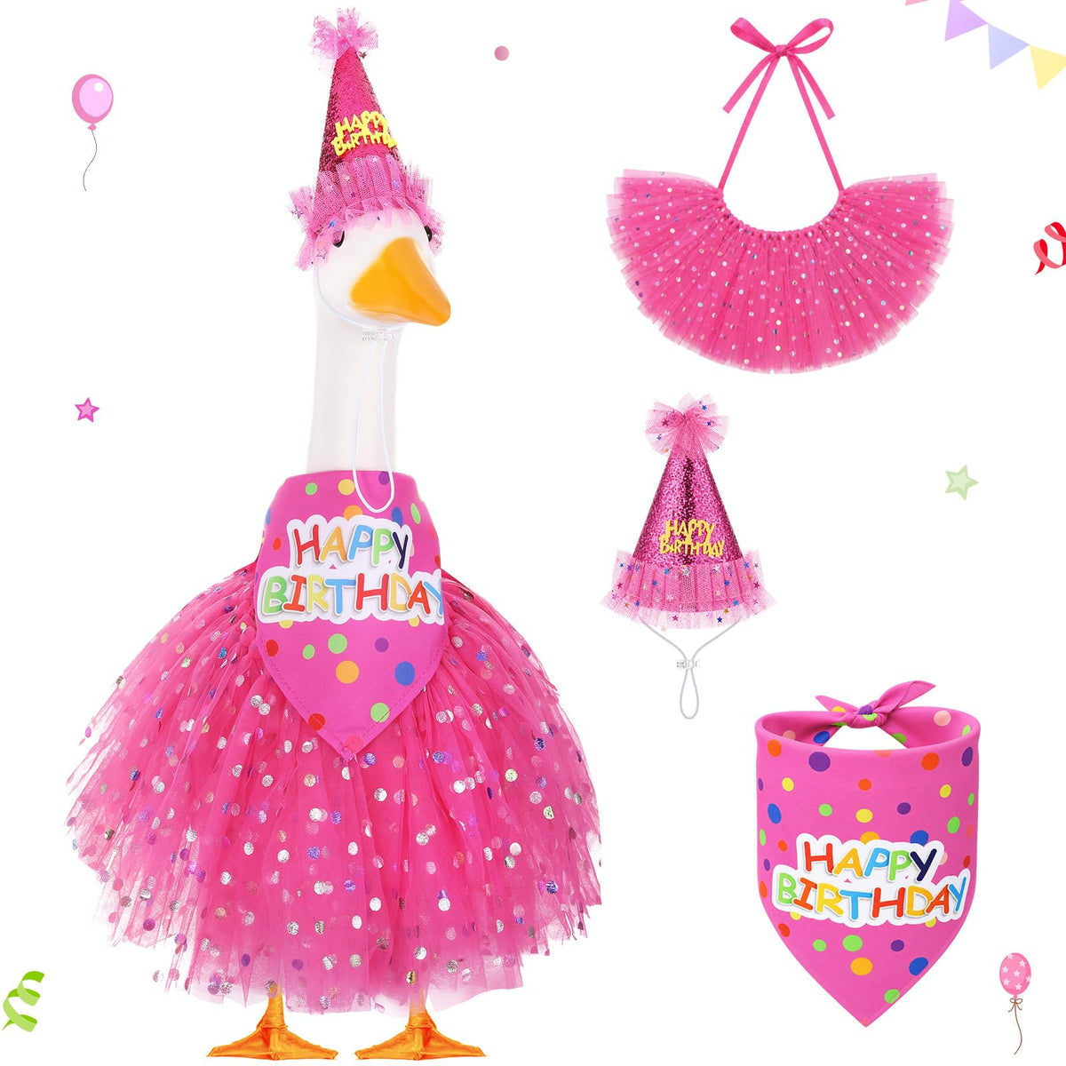 Locmeo front view of hot pink goose outfit showing complete set and festive look