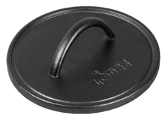 Lodge cast iron press front view showing solid build and easy seasoning benefit