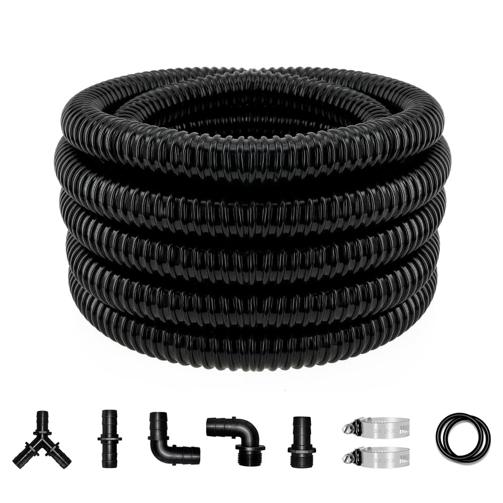 LONGRUN front view of pond tubing kit showing components and length benefit