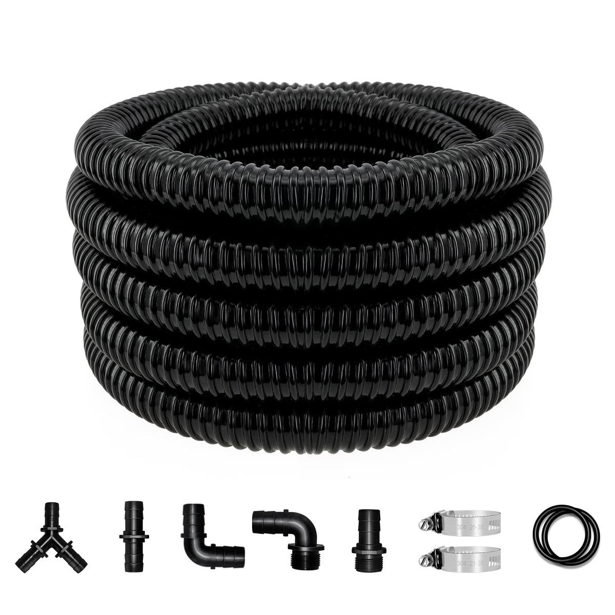 LONGRUN front view of pond tubing kit showing components and length benefit