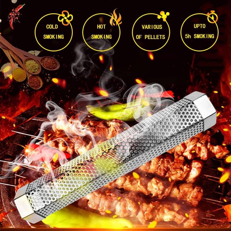 LOVEERCT smoke tube placed inside grill producing smoke to flavor food efficiently