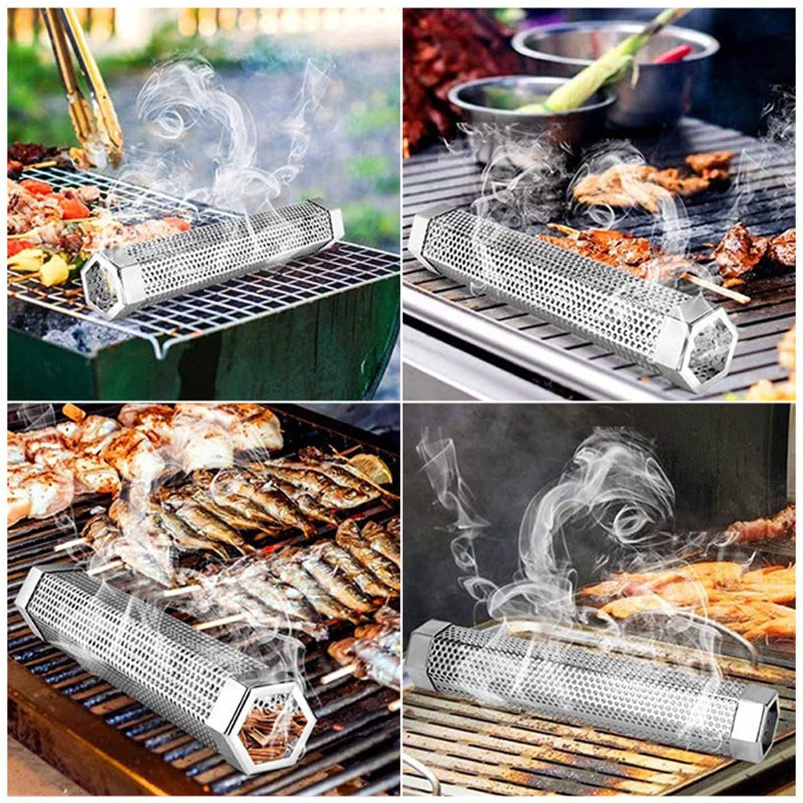 LOVEERCT smoke tube in backyard barbecue scene adding wood-smoked flavor to meals