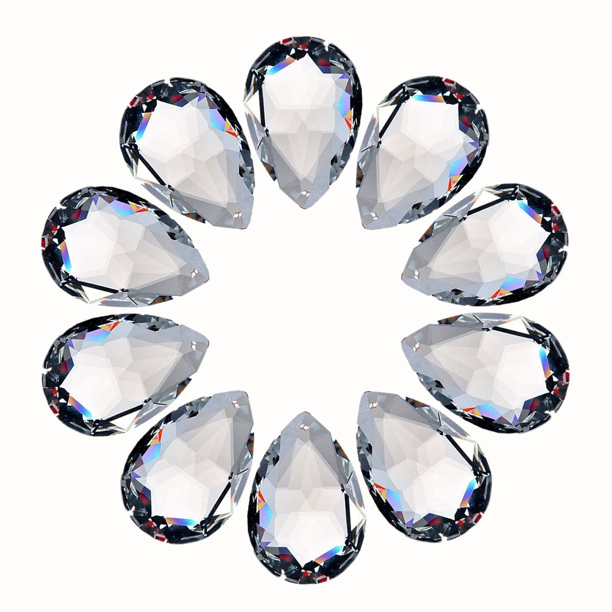LoveUnited front view of ten teardrop prisms showing uniform clarity and sparkle