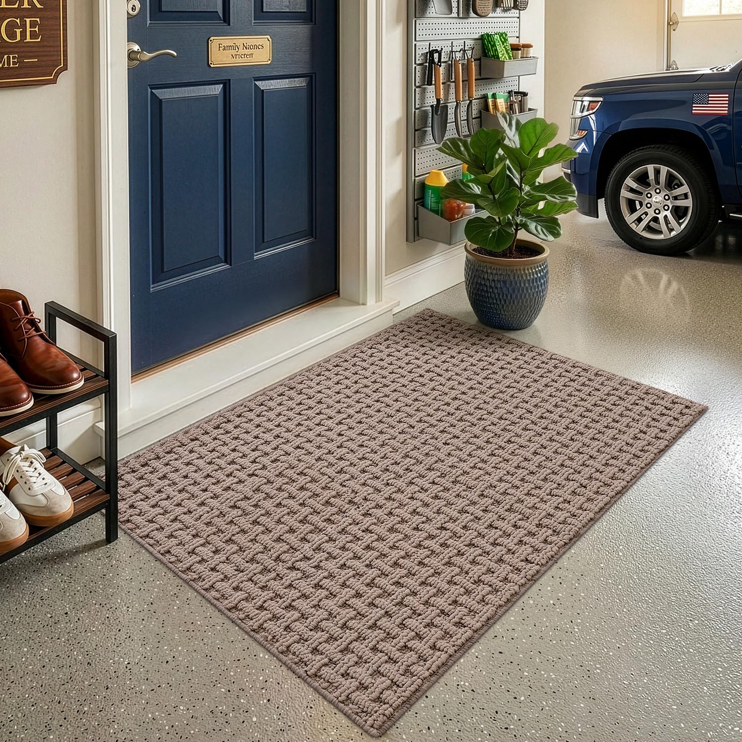 LUMI styled in a foyer showing versatile placement and modern taupe look
