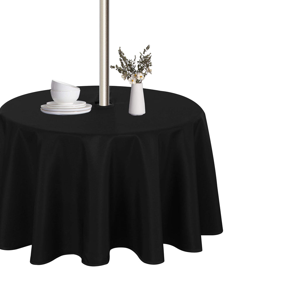 LUSHVIDA 60-inch round tablecloth front view showing clean black drape and coverage benefit