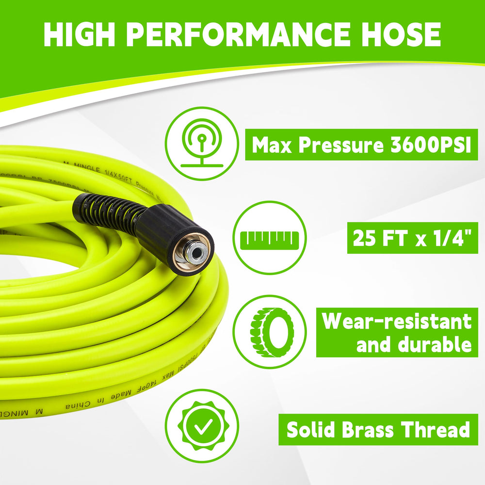 M MINGLE 25ft hose coiled for easy carrying and tangle-free storage
