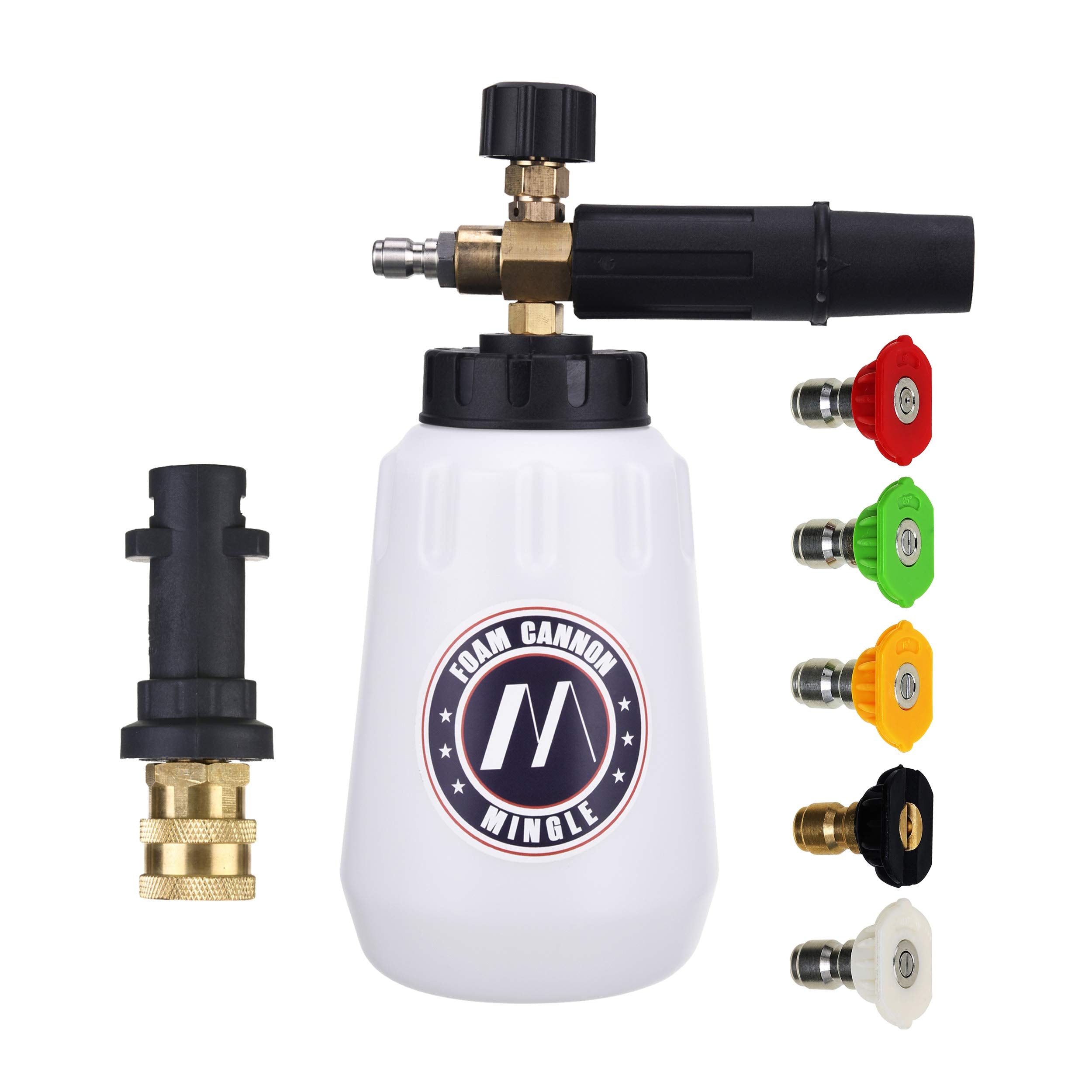 M MINGLE front view of foam cannon showing bottle and connector, easy setup benefit
