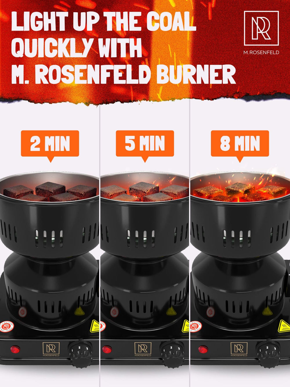 M. ROSENFELD glowing coconut coals in basket demonstrating fast ignition