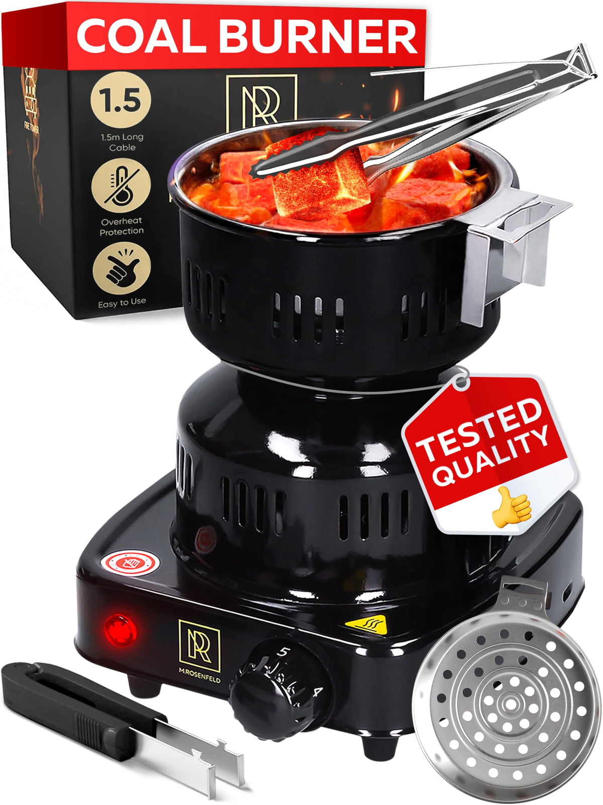M. ROSENFELD front view of charcoal burner showing compact design and portability