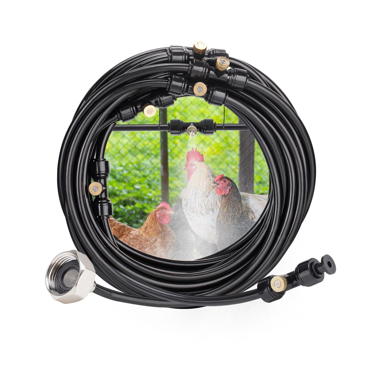 MADHOLLY front view of full 39.4ft misting system kit showing components and benefits