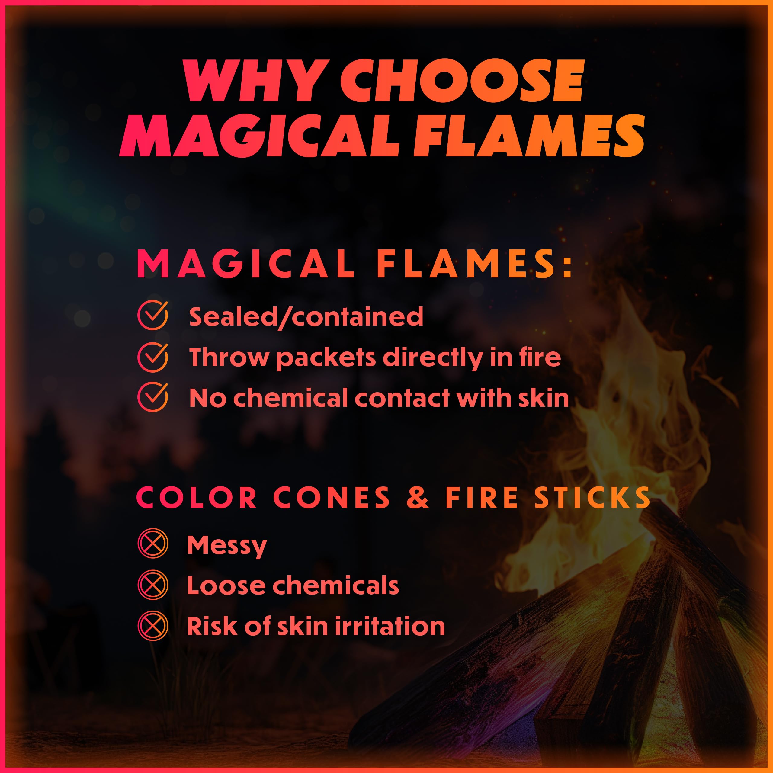 Magical Flames camping kit staged with packets for travel convenience