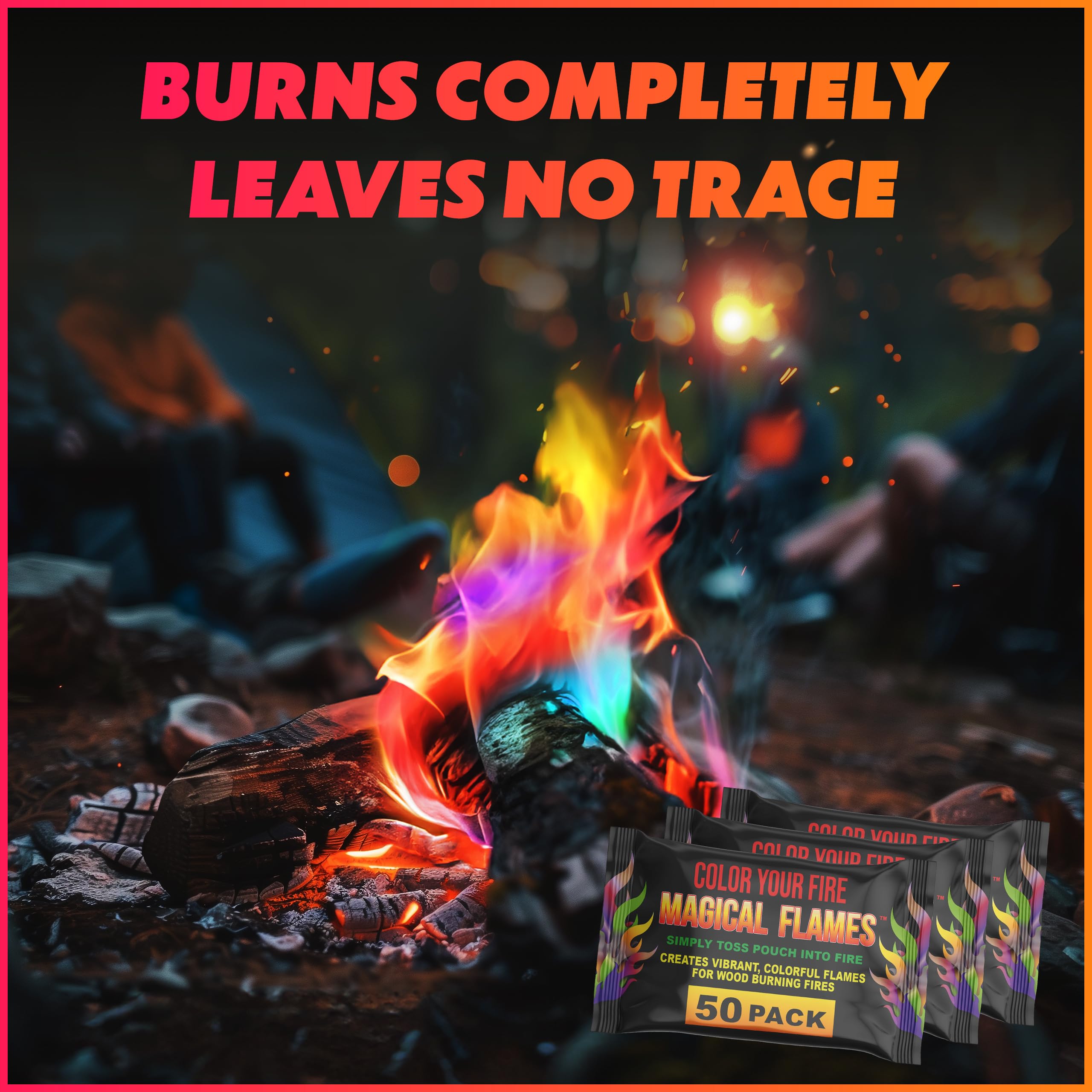 Magical Flames packet entering wood fire creating instant color