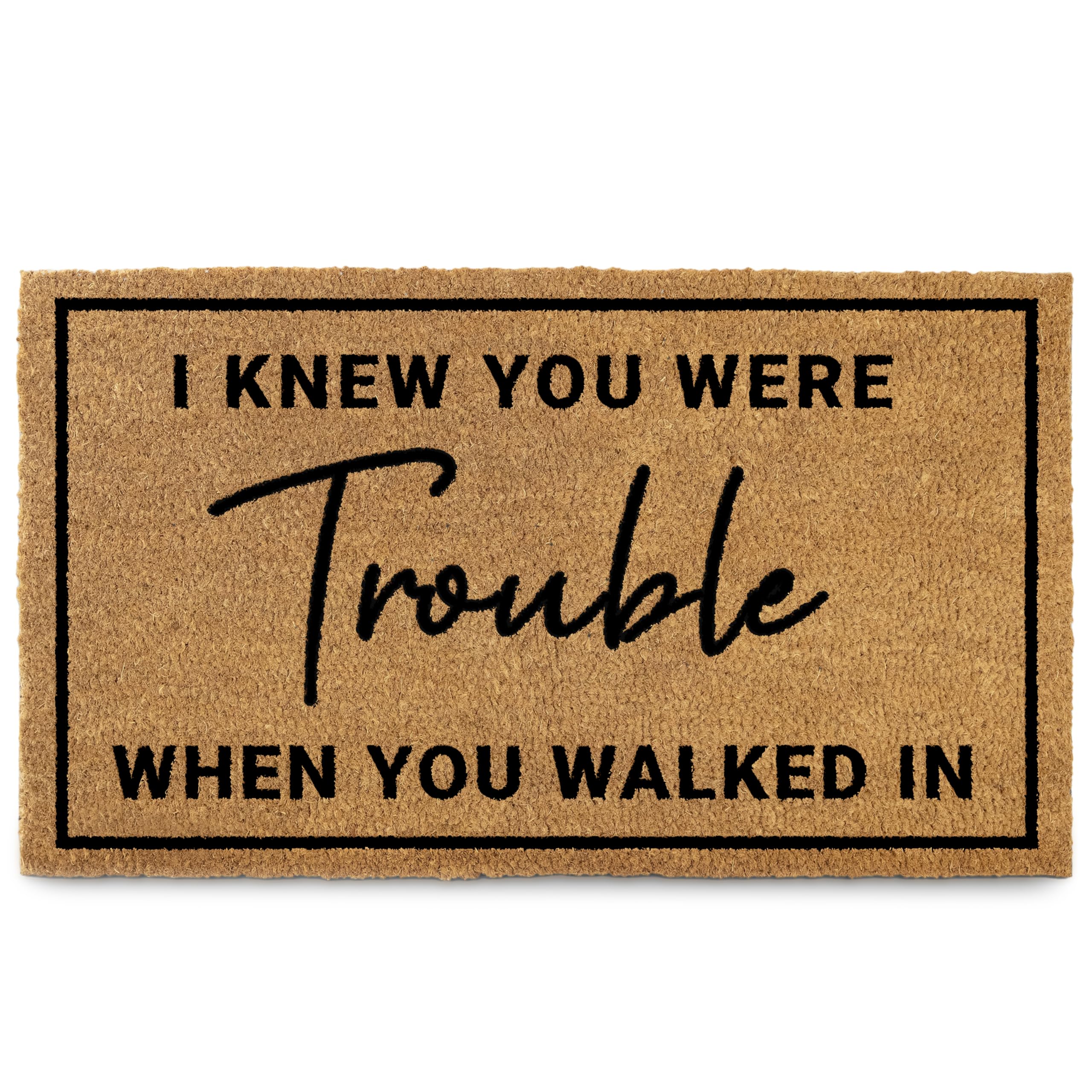 MAINEVENT front view of doormat showing full phrase and welcome benefit