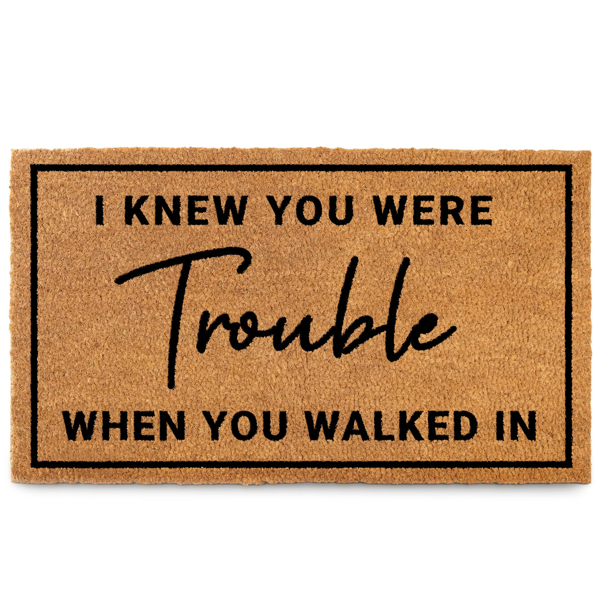 MAINEVENT front view of doormat showing full phrase and welcome benefit