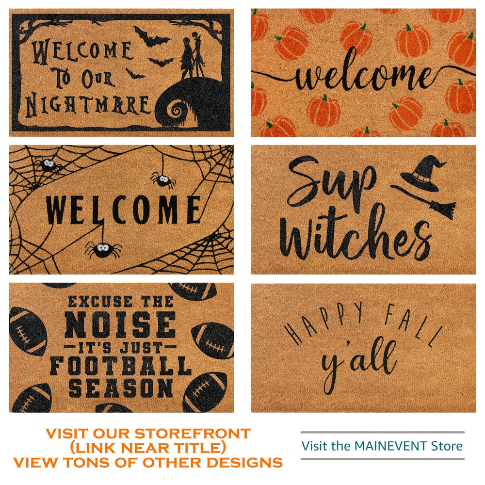MAINEVENT doormat on a covered porch adding seasonal curb appeal