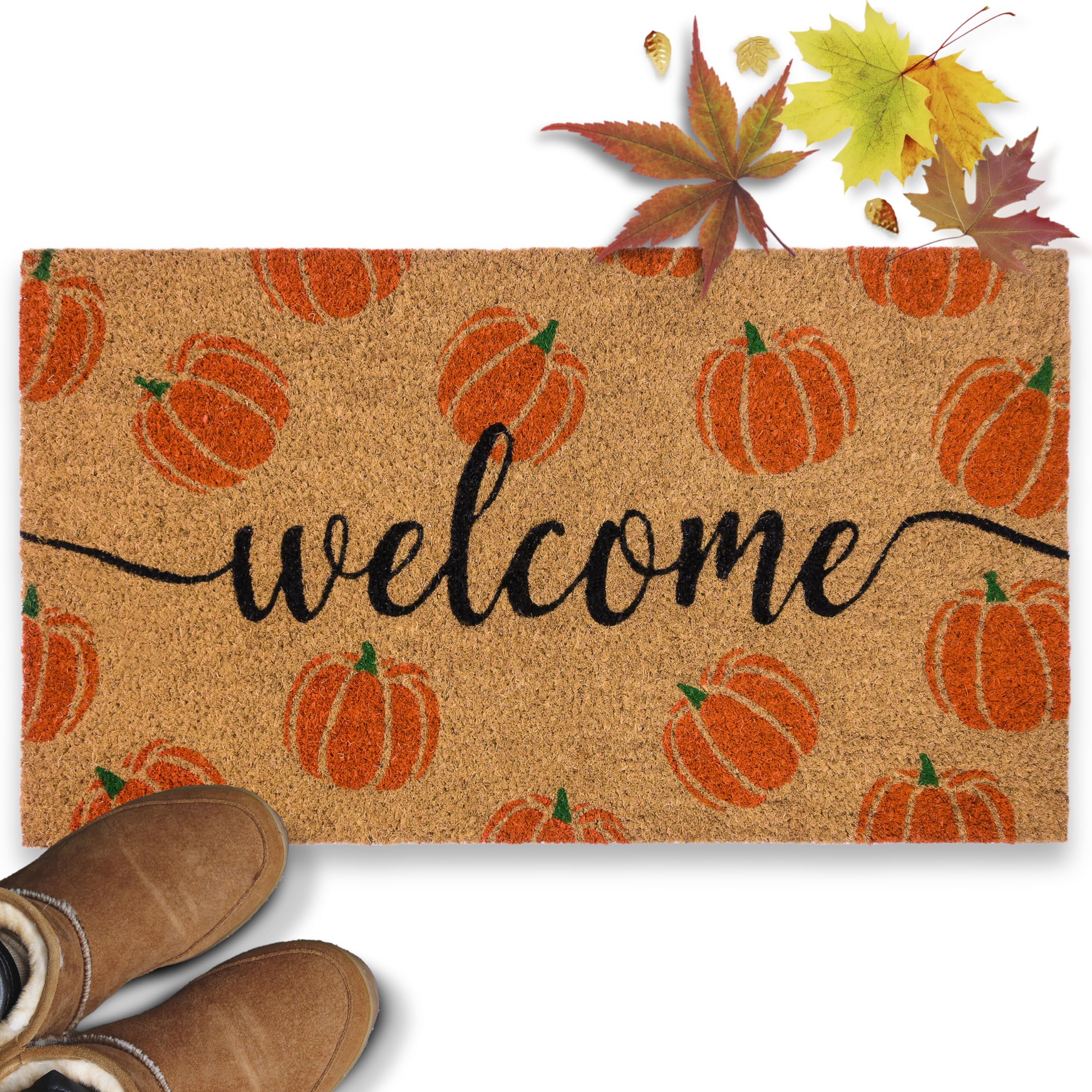 MAINEVENT pumpkin doormat front view welcomes guests and traps dirt